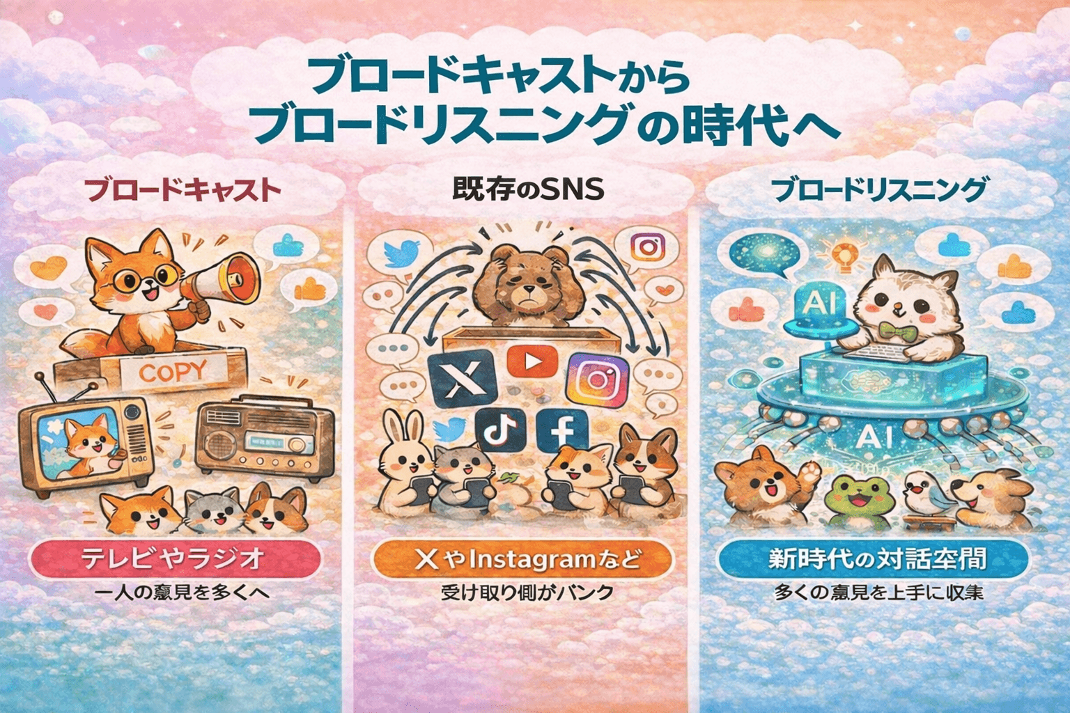 ブロードリスニングのコンセプト（ブロードキャストとの比較）